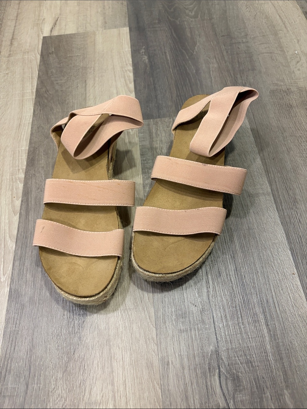 Time and Tru Blush Pink Triple Strap Espadrille Sandals with Wrap Tie